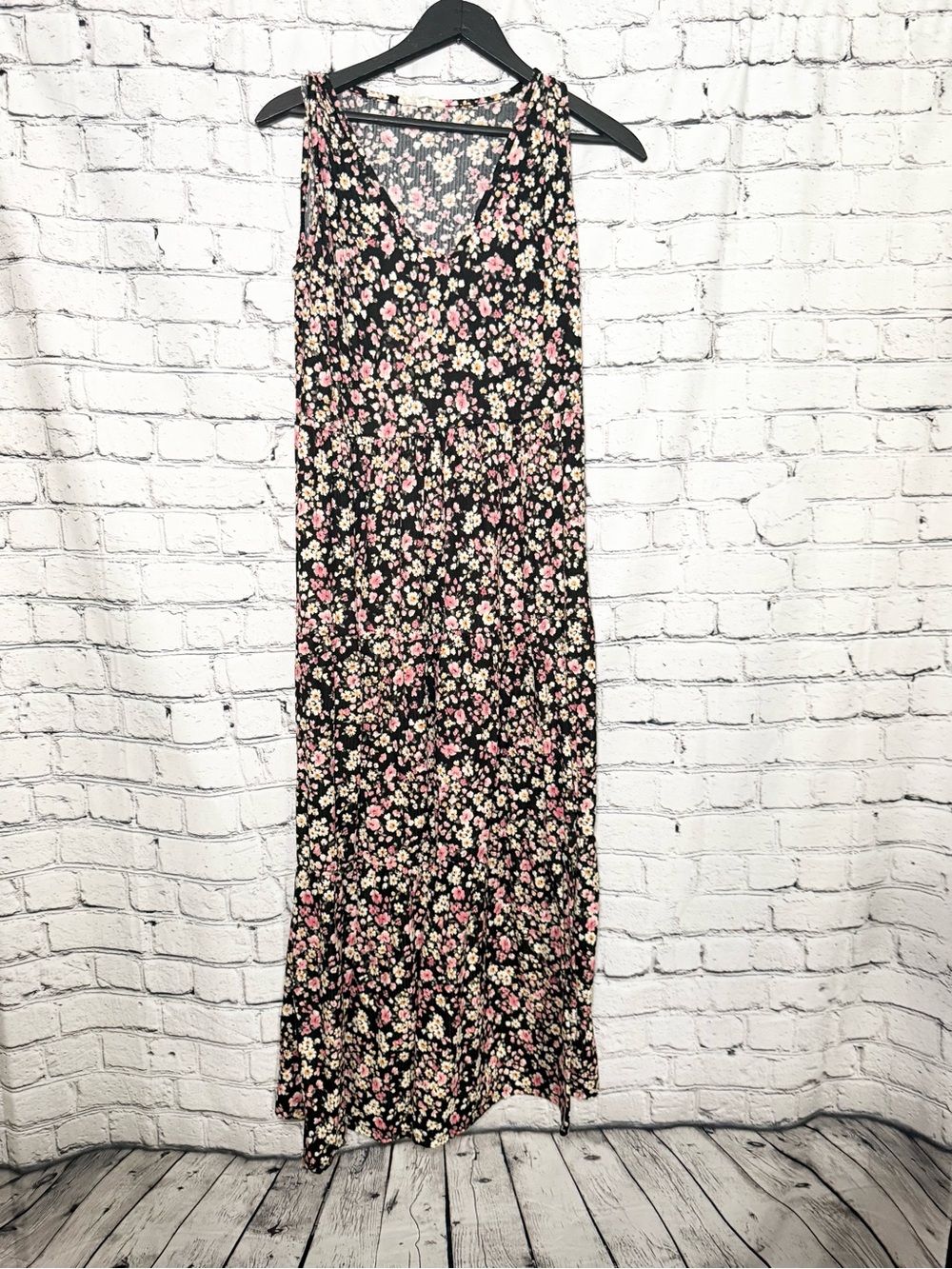 Floral Maxi Skirt - Black with Pink & Cream Floral. Size L